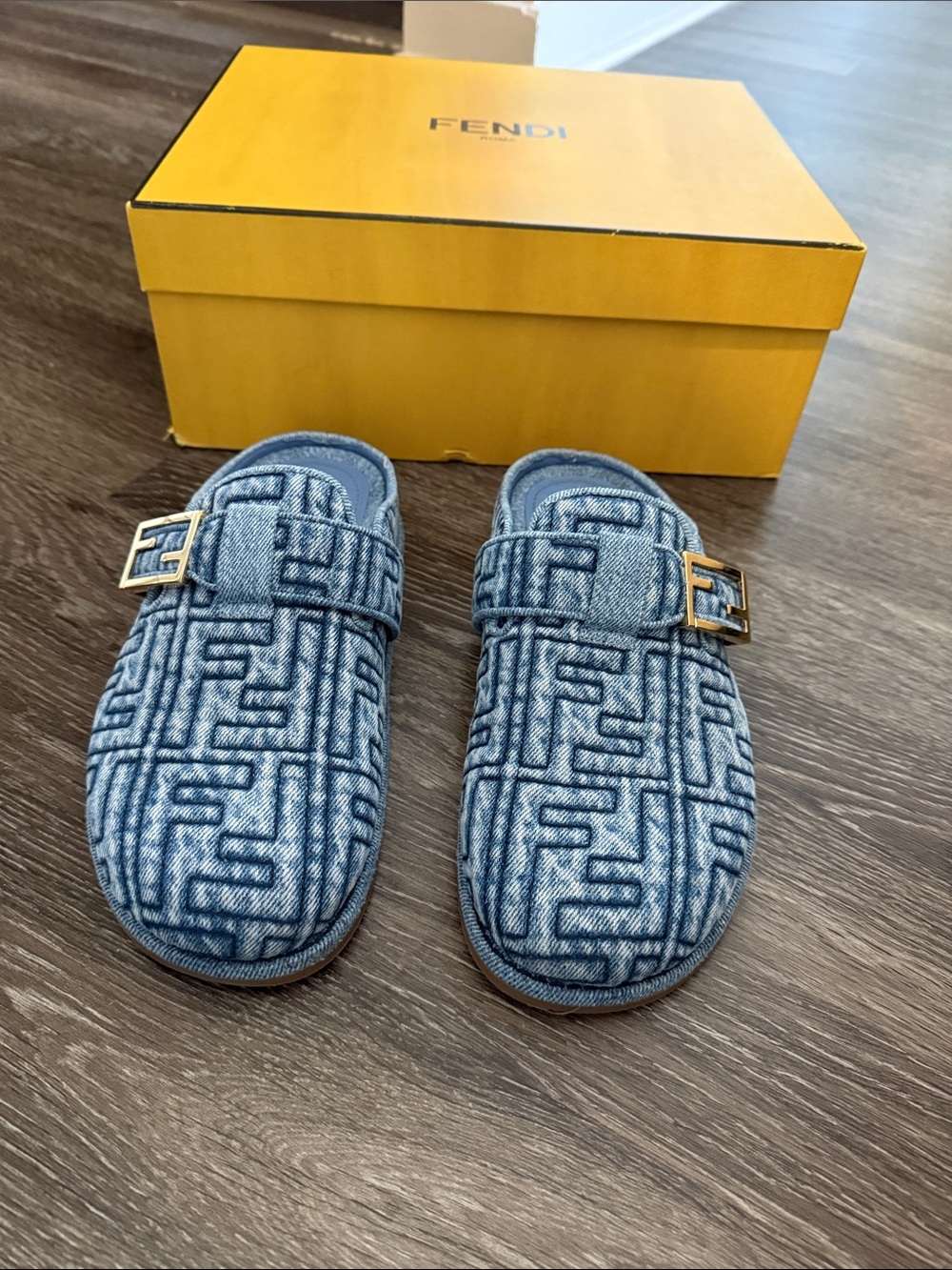 Fendi Denim FF Logo Slide Mules with Gold Buckle